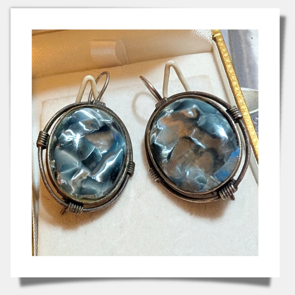 Vintage Artisan Blue Abalone Bullseye Sterling Earrings - Picture 4 of 7